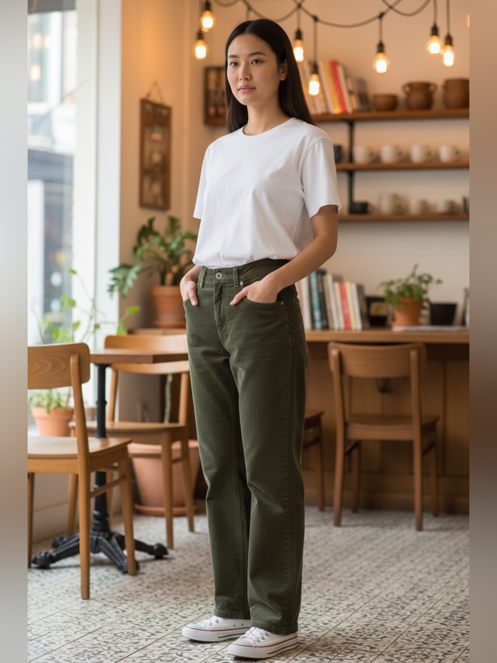 Sezane womens straight leg high rise jeans corduroy Forrest green size 10 eu 42
